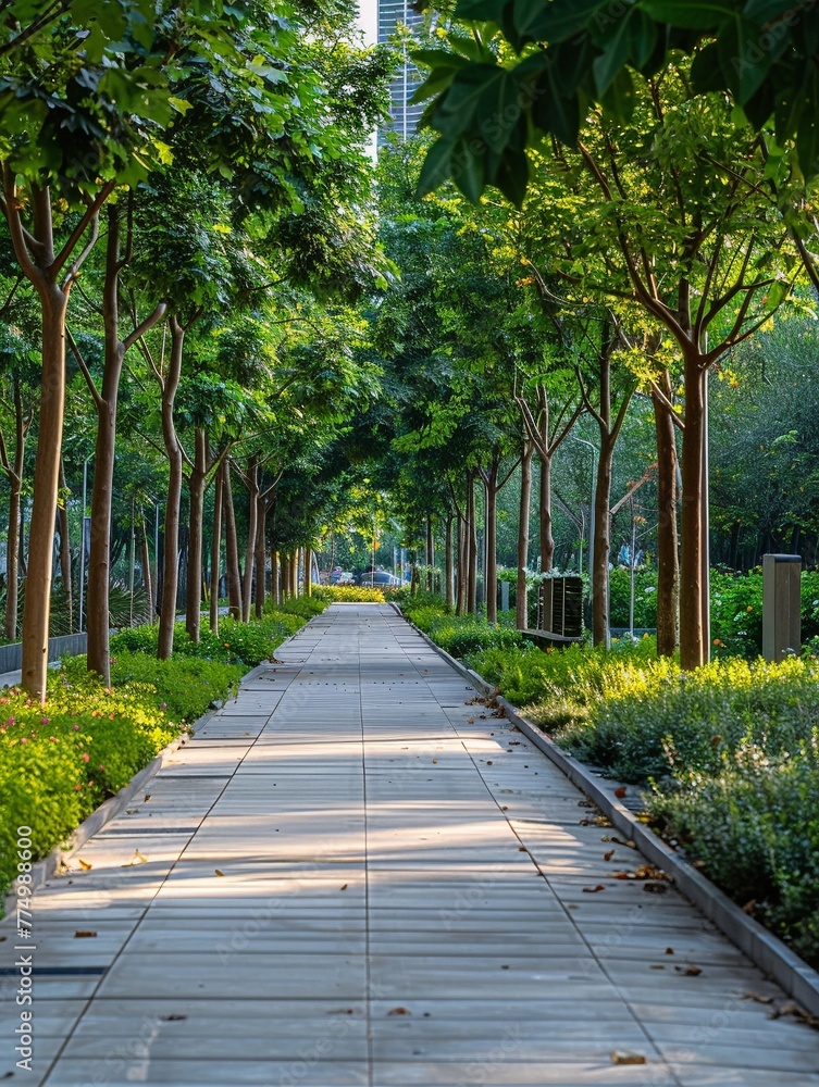 Sidewalk lined with thriving plants and trees in a sustainable urban setting, promoting ecofriendly living and pedestrian health through a well designed walkway Sidewalk lined with thriving plants and trees in a sustainable urban setting, promoting ecofriendly living and pedestrian health through a well designed walkway