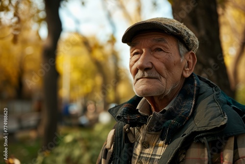 Portrait of an elderly man in the park. Selective focus.