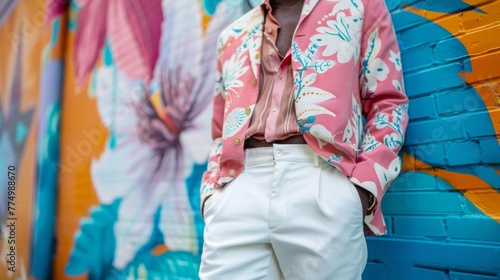 an african american man posing in pink shirt and trousers and colorful jacket with floral pattern. He is standing against a colorful wall
