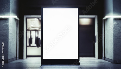 Mockup  billboard on a shop entrance. White isolated screen. Night shot. Dark background. Blank space for your design. Illustration.
