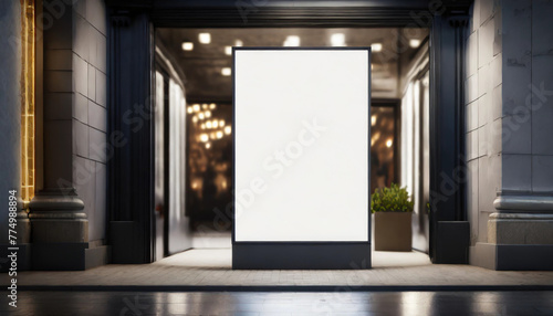 White screen isolated mockup, billboard on a shop entrance. Night shot. Dark background. Blank space for your design. Illustration.