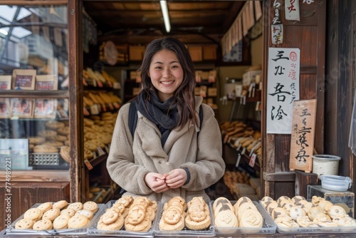 Cheerful Young Woman Selling Fresh Bread at Traditional Outdoor Bakery Stall photo