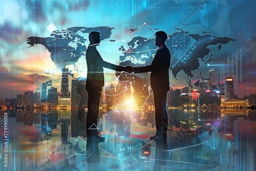 Sealing the deal: Two men shake hands in front of a stunning city skyline, solidifying their agreement photo