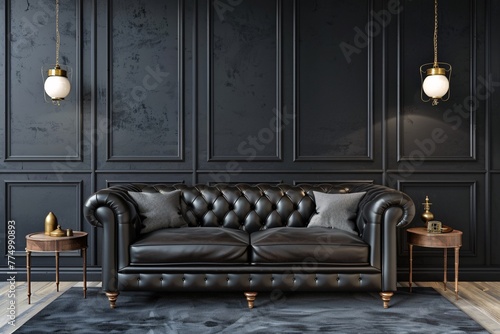 a black couch in a room © White