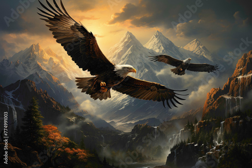Regal eagles soaring above a garden landscape, their majestic wingspan and powerful presence captured in a breathtaking high-definition moment. photo