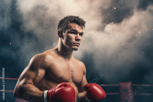 Boxer in a ring boxing match throws a powerful punch created with generative AI technology © Tetiana