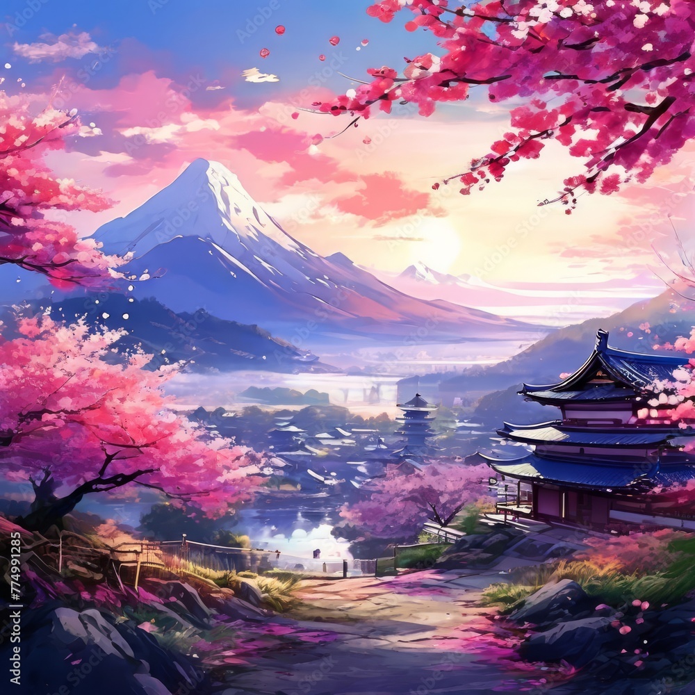 a Spring landscape with cherry blossom trees a Spring landscape with cherry blossom trees