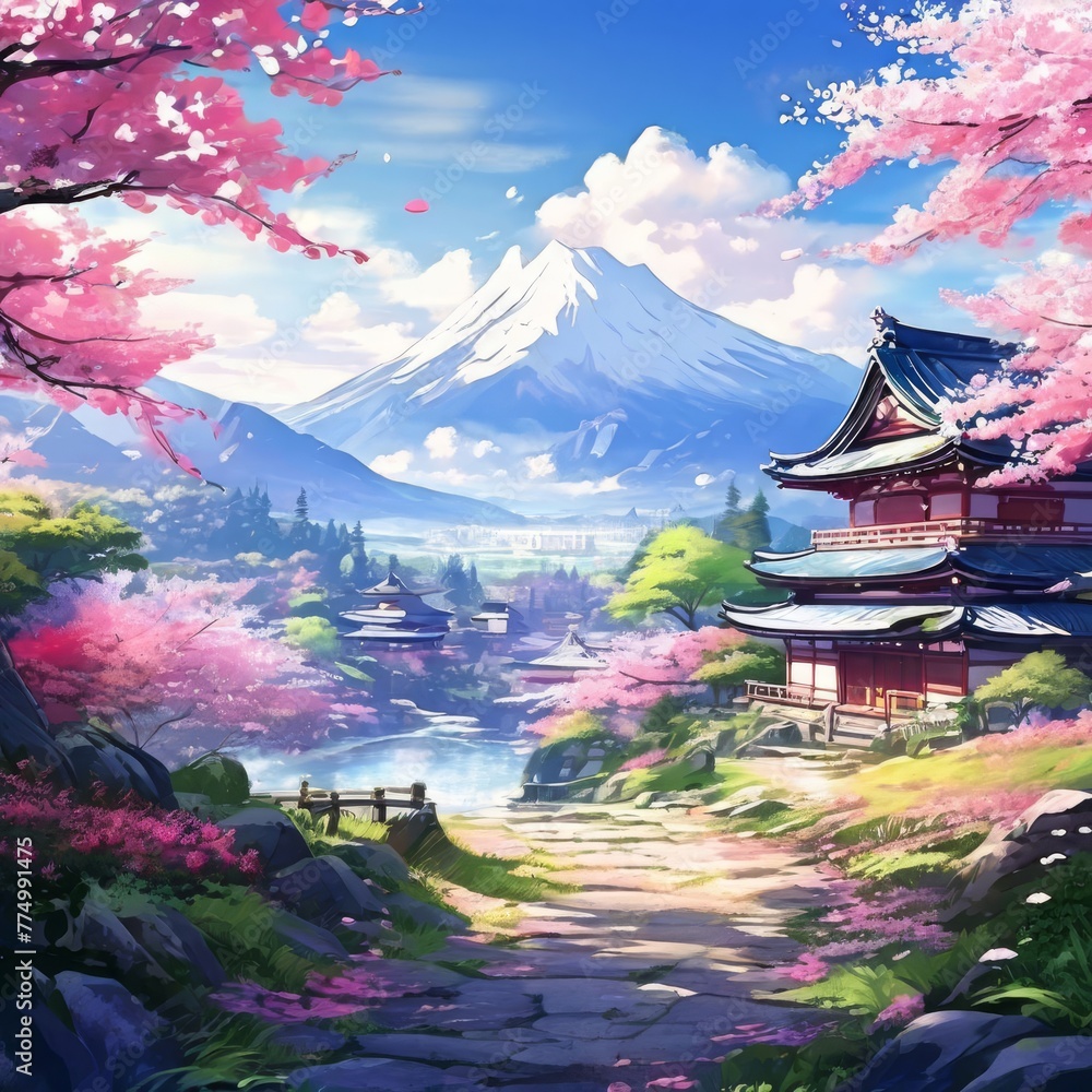 a Spring landscape with cherry blossom trees a Spring landscape with cherry blossom trees