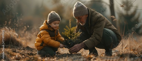 Generational Bonding: Grandfather and Grandson Planting a Tree Together. Concept Family Moments, Nature Connection, Generations, Tree Planting, Bonding