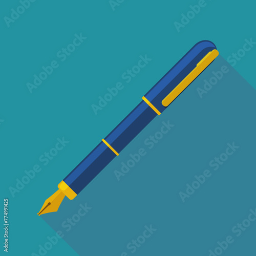 Blue and gold pen isolated on a blue background with long shadow (flat design)