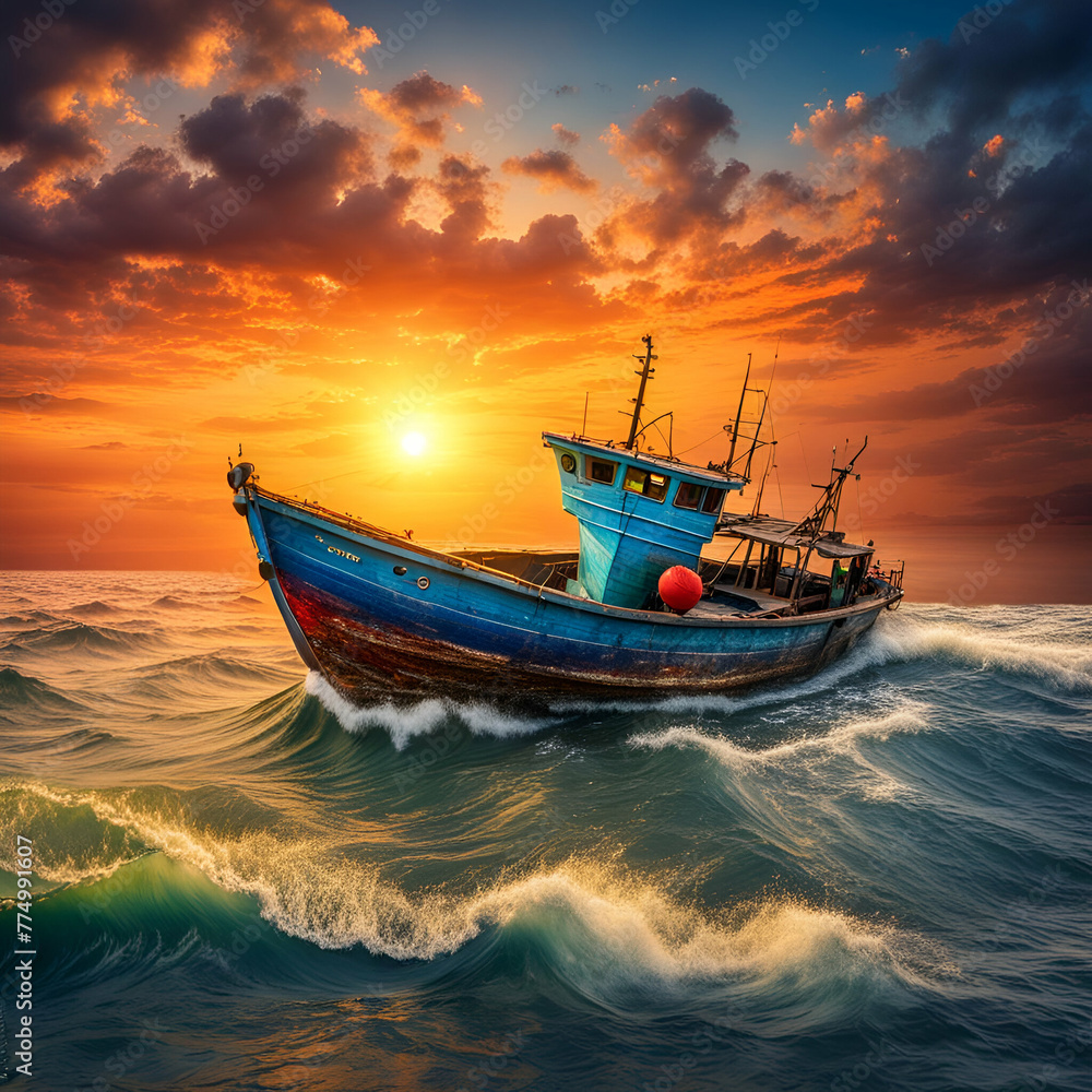 Fototapeta premium fishing boat at sunset