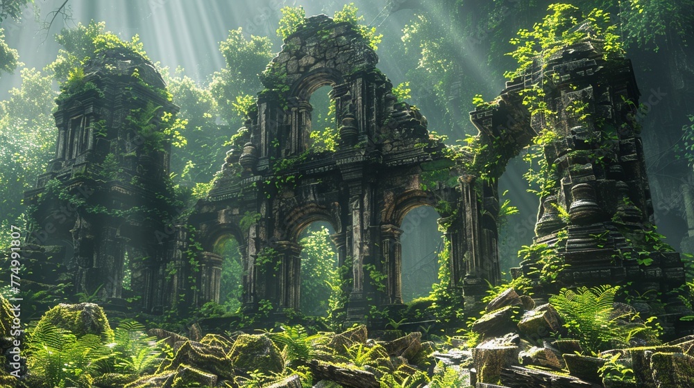 Ancient ruins in jungle, photorealistic moss and stone, vibrant greenery, sunlight ,3DCG,high resulution,clean sharp focus