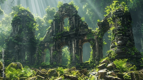 Ancient ruins in jungle, photorealistic moss and stone, vibrant greenery, sunlight ,3DCG,high resulution,clean sharp focus