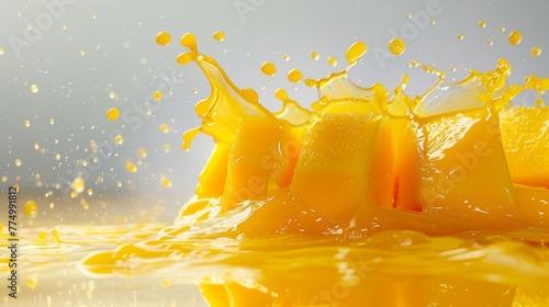 Vibrant splash of mango juice with diced mango pieces on a gray background photo