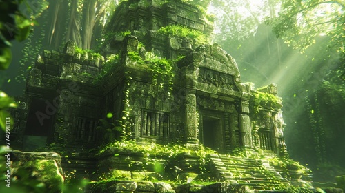 Ancient ruins in jungle  photorealistic moss and stone  vibrant greenery  sunlight  3DCG high resulution clean sharp focus