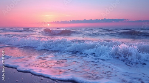 Sunset Hues Casting Warm Glow Over Serene Ocean Waves The fading light blurs into the calm sea