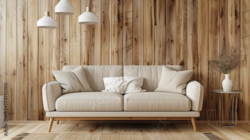 Cozy interior: beige loveseat sofa in small room with wooden wall design - home décor and interior design concept photo