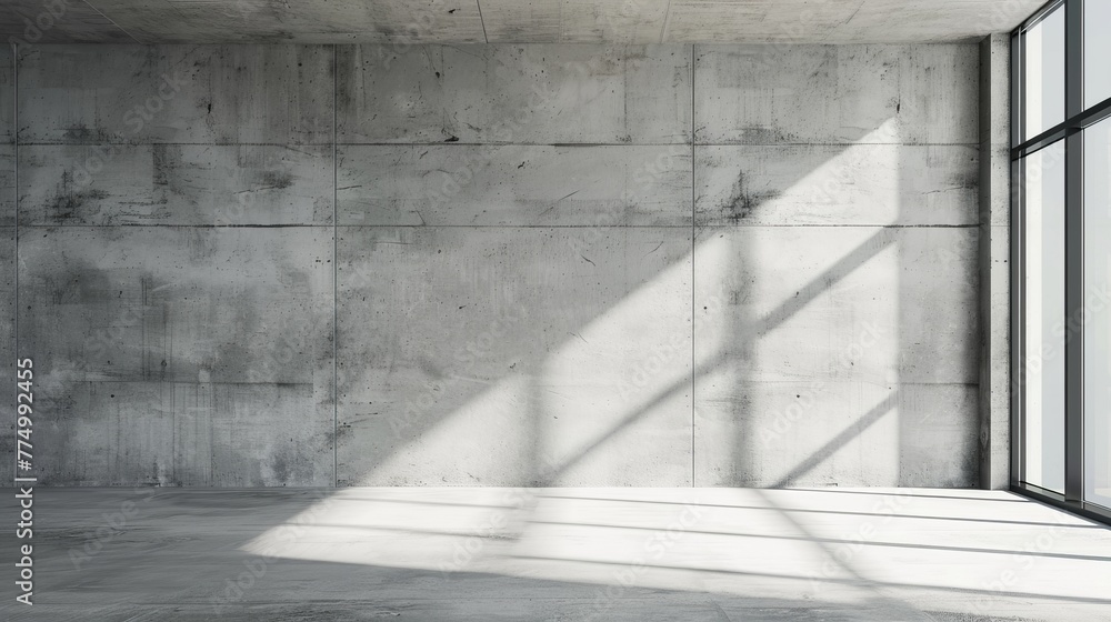 Spacious, modern office interior: bright concrete walls & expansive windows - 3d render mockup