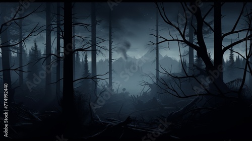 An eerie forest on a misty winter day silhouette concept