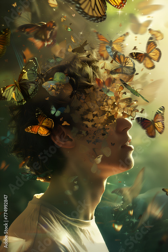 Surreal portrait of a person with butterflies, depicting transformation and creativity