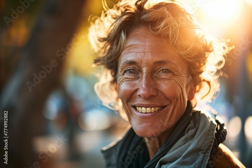 Portrait of a senior woman smiling in the street at sunset. photo