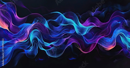 a black background with a few neon colors waves, geometric waves shapes, dark blue, purple, black, mostly black photo