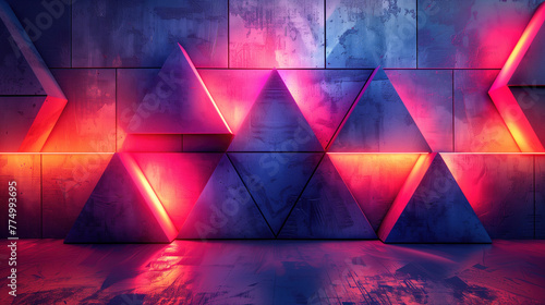 Neon-lit triangles form a geometric pattern on a textured wall, casting a futuristic glow in shades of pink and blue.