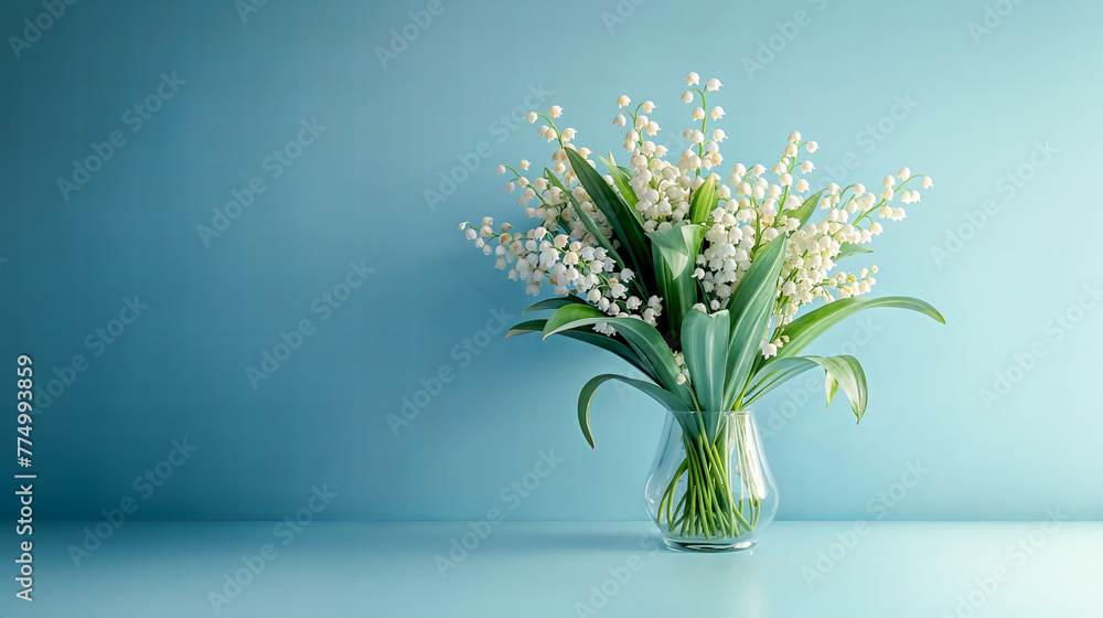 un bouquet de muguet dans un verre sur un fond bleu uni style rendu 3D un bouquet de muguet dans un verre sur un fond bleu uni style rendu 3D