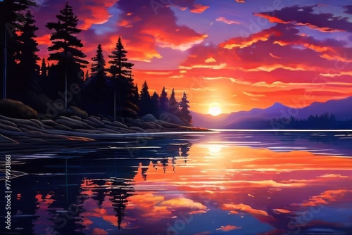Sunrise over the sea and nice beach in purple color. Generative AI © law