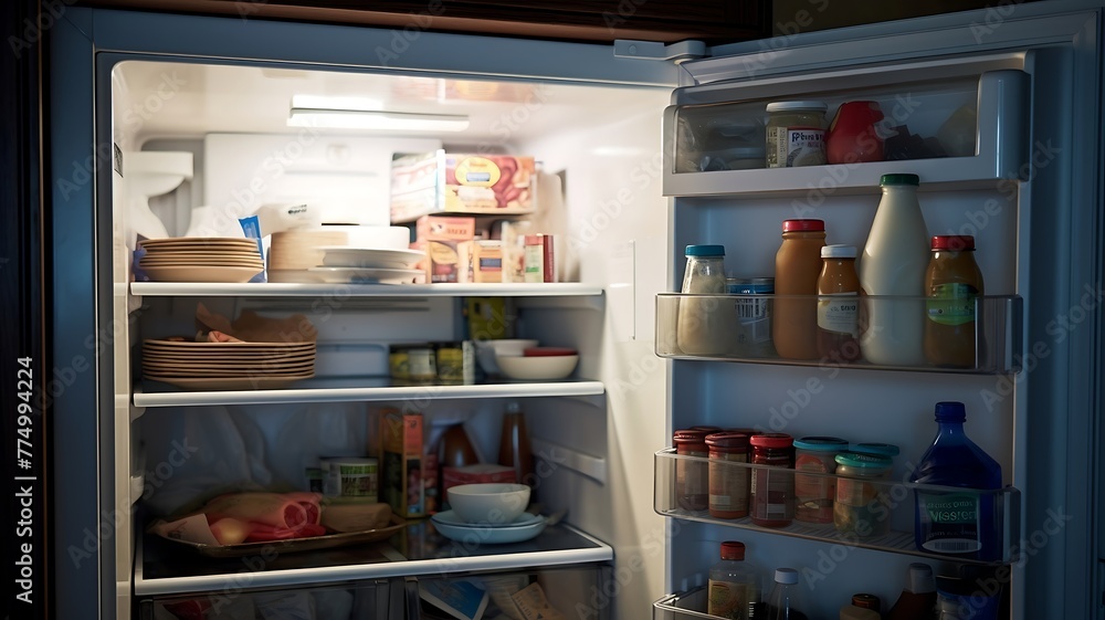 Refrigerator full of food, vegetables and fruits. Refrigerator interior. Refrigerator full of food, vegetables and fruits. Refrigerator interior.