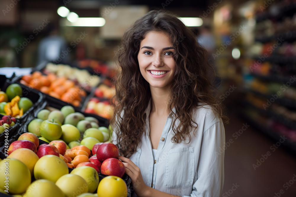 AI generated image of charming woman standing in grocery market choosing vegetables AI generated image of charming woman standing in grocery market choosing vegetables