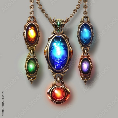 Necklace with precious stones on white background. Icon for games