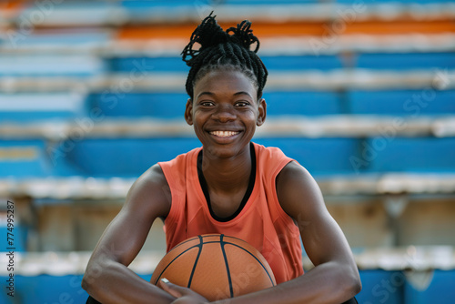 An African American female basket player sitting on the stadium stands, smiling woman holding a basketball, embodying the concept of passion for the sport, game and physical training © AI_images