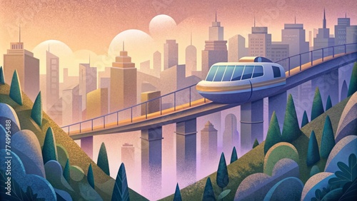 A sleek monorail system that glides above the city connecting different districts and providing a scenic and ecofriendly mode of transportation photo