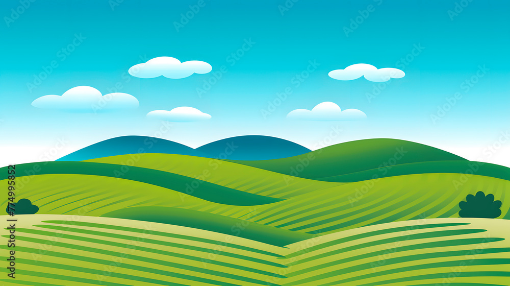 A vibrant cartoon landscape depicting rolling green hills under a sky with fluffy white clouds.
A vibrant cartoon landscape depicting rolling green hills under a sky with fluffy white clouds.