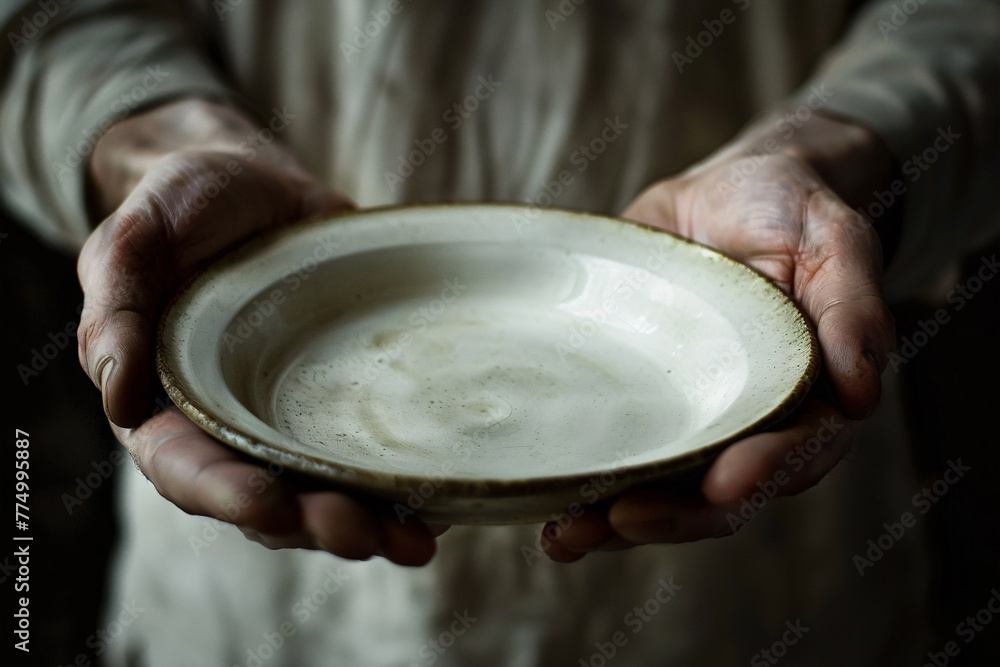 Close up of person's hand holding empty plate