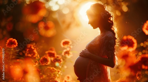 Silhouette of a pregnant woman in a field with red flowers at sunset