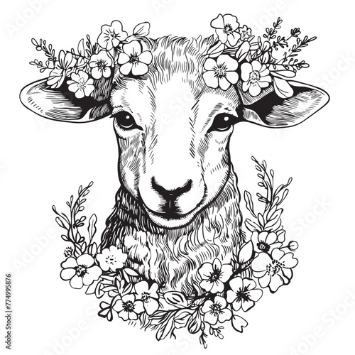 Cute sheep or lamb head engraving style vector illustration. Realistic image.