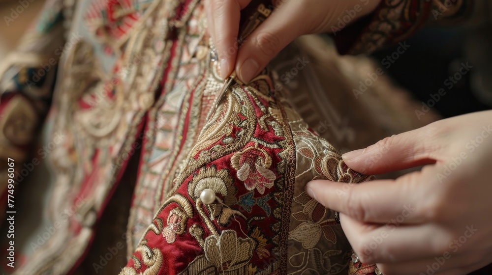 Close-up on a seamstress expertly repairing garments, her service blending traditional tailoring with modern design patterns