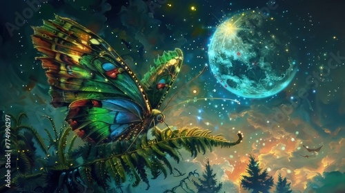 Oil painting depicting a peacock moth on a fern set against a starry sky with a full moon in the background 