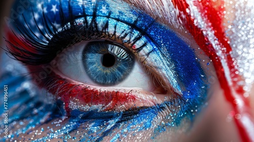 Close-up of vibrant makeup in USA flag colors, a fashion statement for celebrating 4th July, embodying the spirit of American independence