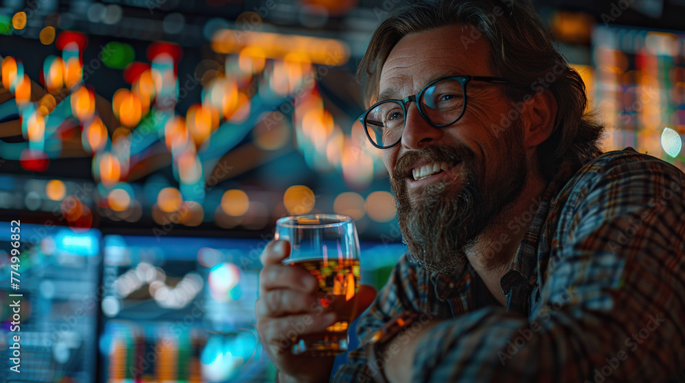 Smile and happy businessman at office. Raise beer glass in hand at trading chart computer screen at night.
