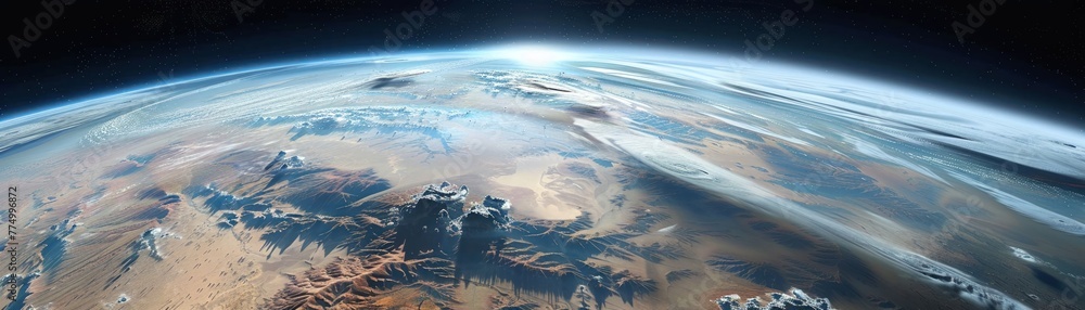 Desert storm seen from a satellite, Earths curvature visible, 3D animation, wide lens, illustrator