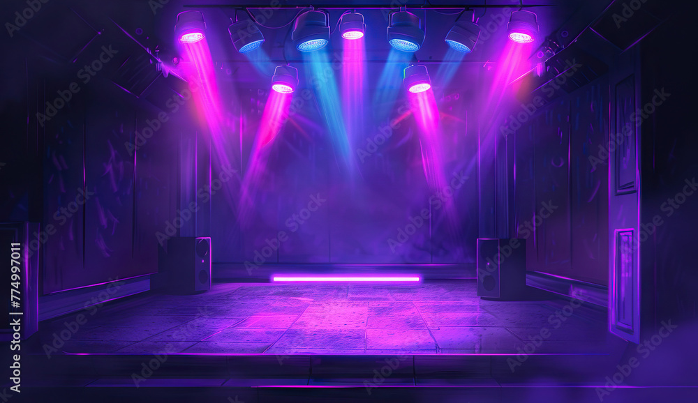Naklejka premium Stage and spotlights scene on the stage, in the style of light purple and light indigo