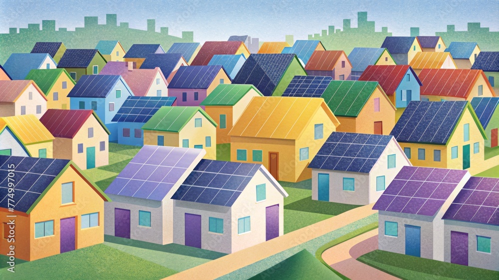 Rows of colorful houses line the quiet streets of this solarpowered neighborhood with each home featuring sleek solar panels that blend Rows of colorful houses line the quiet streets of this solarpowered neighborhood with each home featuring sleek solar panels that blend