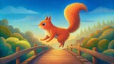 A quaint red squirrel playfully hops across a narrow wooden bridge its russet coat brightening up an otherwise drab roadway.
