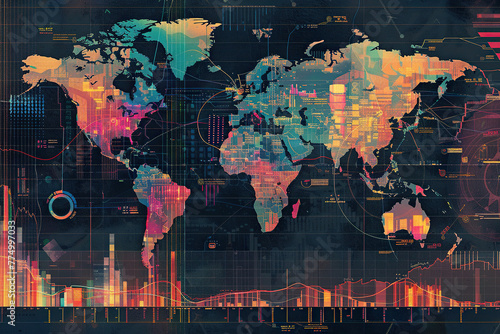 Stock market graphs with a world map, in the style of light navy and light magenta, dark amber and green, densely patterned imagery