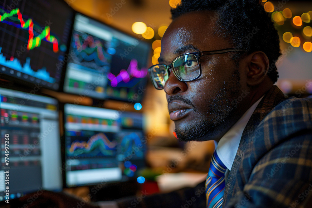 Talented African American Stock Exchange Investor Working on Desktop Computer, Day Trading Company Shares, Valuable Technology Investments, Communicating with Clients. Portrait of a male Specialist Talented African American Stock Exchange Investor Working on Desktop Computer, Day Trading Company Shares, Valuable Technology Investments, Communicating with Clients. Portrait of a male Specialist