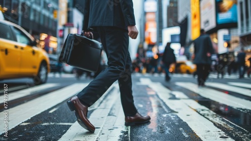 Modern professional on the move: Man strides purposefully down the city street, briefcase in hand