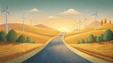 A rural road lined with wind turbines a representation of the dedication of local farmers to embrace and incorporate sustainable practices in